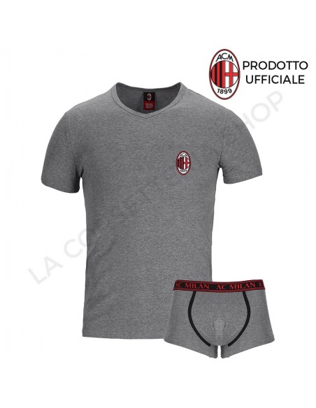 Completo intimo uomo maglia e boxer A.C. Milan ufficiale cotone grigio  MI11055